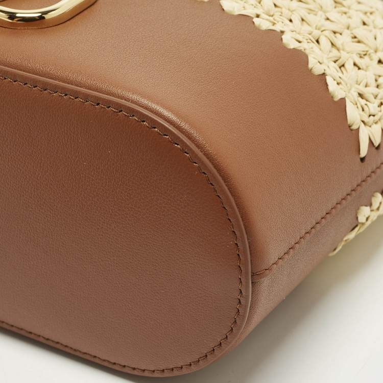 Pre Owned Valentino VLogo Mini Beige/Brown Raffia and Leather and Bucket Bag