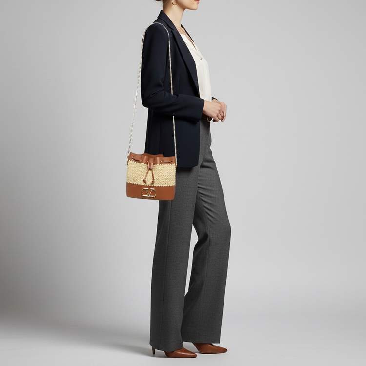Pre Owned Valentino VLogo Mini Beige/Brown Raffia and Leather and Bucket Bag
