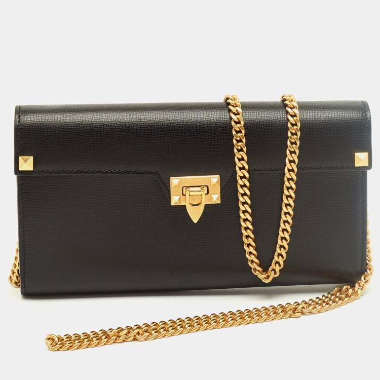 Pre Owned Valentino Rockstud Alcove Black Leather Wallet On Chain