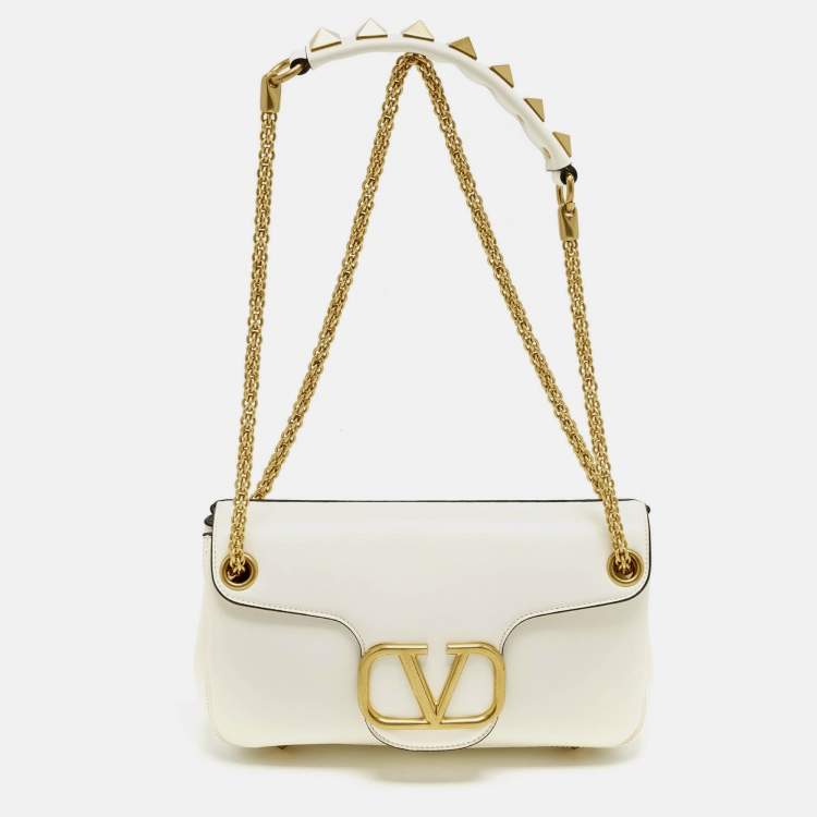 Pre Owned Valentino Stud Sign Ivory Leather Flap Shoulder Bag