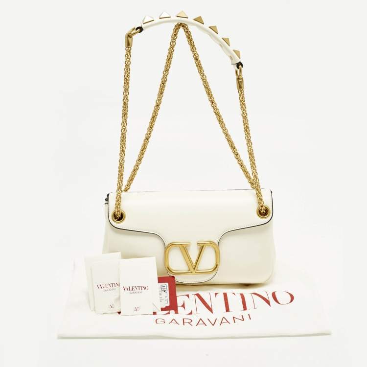 Pre Owned Valentino Stud Sign Ivory Leather Flap Shoulder Bag