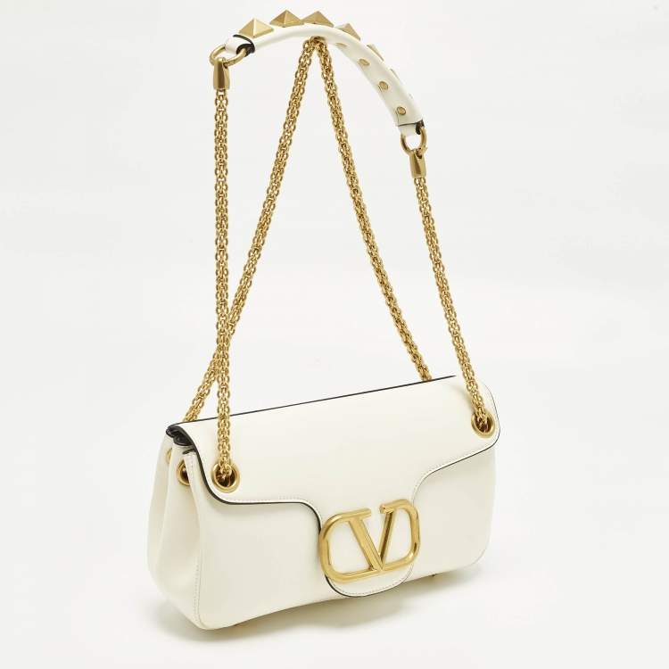 Pre Owned Valentino Stud Sign Ivory Leather Flap Shoulder Bag