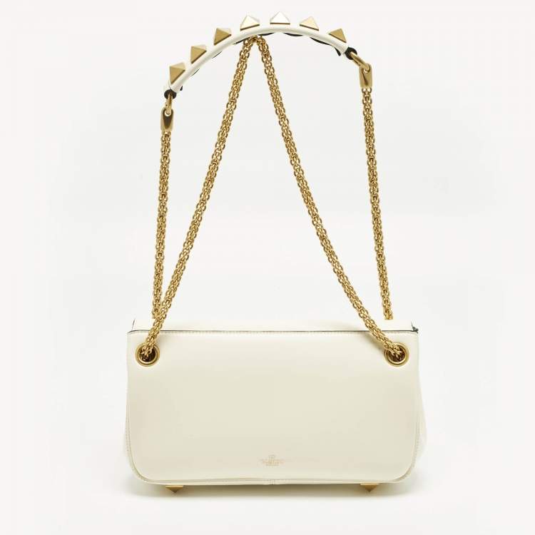 Pre Owned Valentino Stud Sign Ivory Leather Flap Shoulder Bag