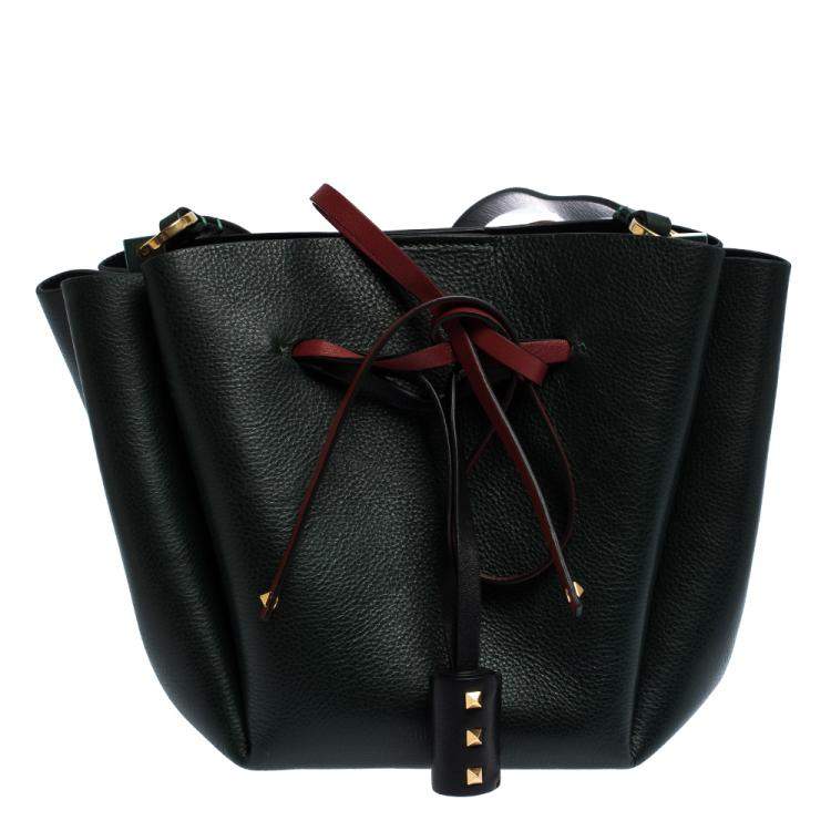 Pre Owned Valentino Green Leather Medium VLOGO Bucket Bag