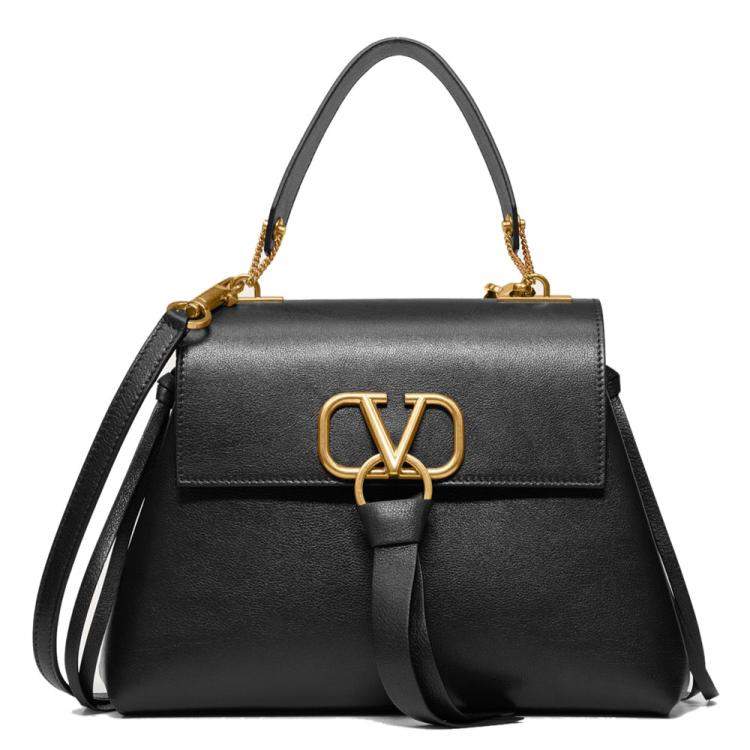 Pre Owned Valentino Black Leather Small VRING Top Handle Bag