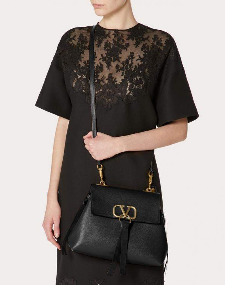 Pre Owned Valentino Black Leather Small VRING Top Handle Bag