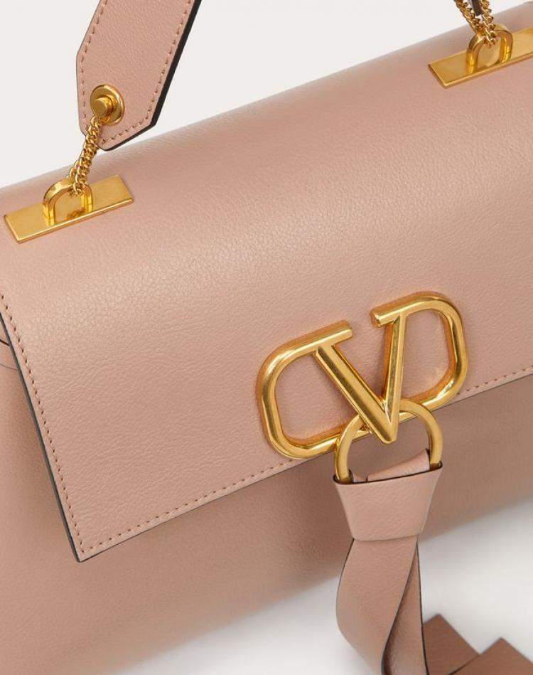 Pre Owned Valentino Rose Canelle Leather Small VRING Top Handle Bag