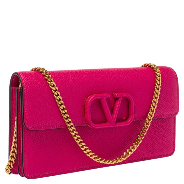 Pre Owned Valentino Magenta Leather Vsling Wallet on Chain