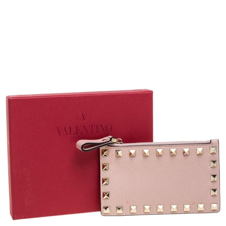 Pre Owned Valentino Water Rose Leather Rockstud Coin Purse and Card Holder