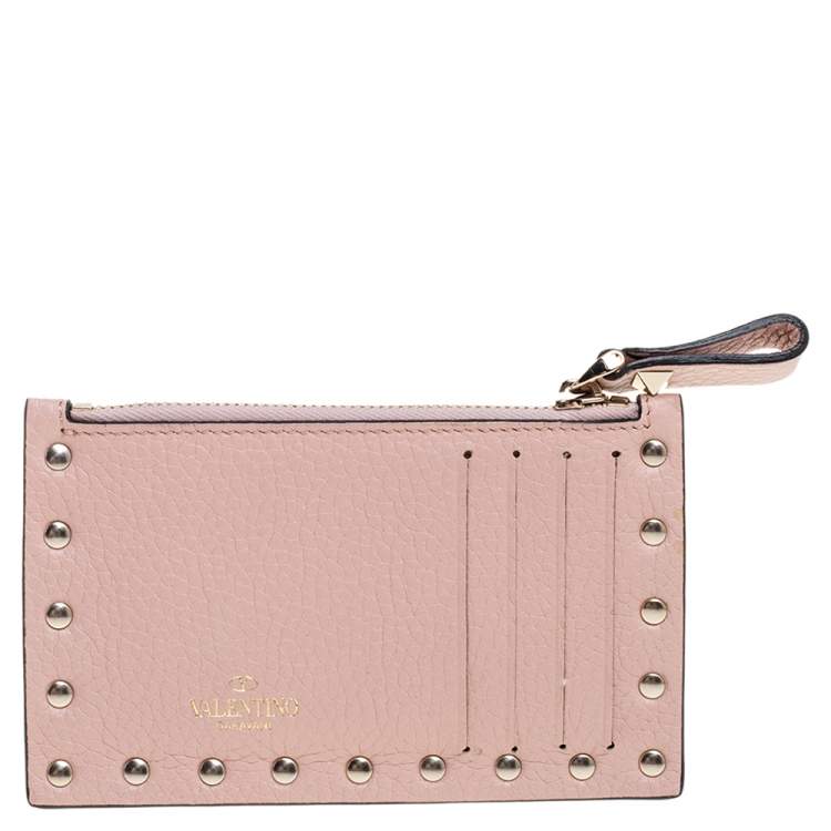 Pre Owned Valentino Water Rose Leather Rockstud Coin Purse and Card Holder