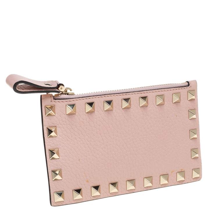 Pre Owned Valentino Water Rose Leather Rockstud Coin Purse and Card Holder