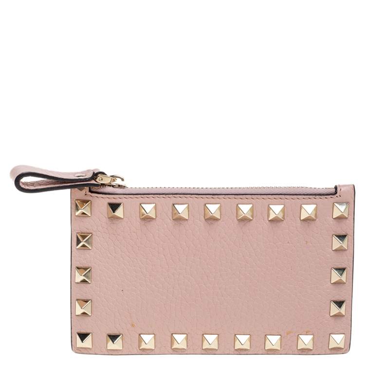 Pre Owned Valentino Water Rose Leather Rockstud Coin Purse and Card Holder