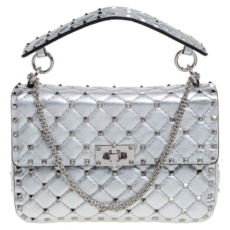 Valentino Silver Quilted Leather Medium Rockstud Spike Shoulder Bag  Valentino