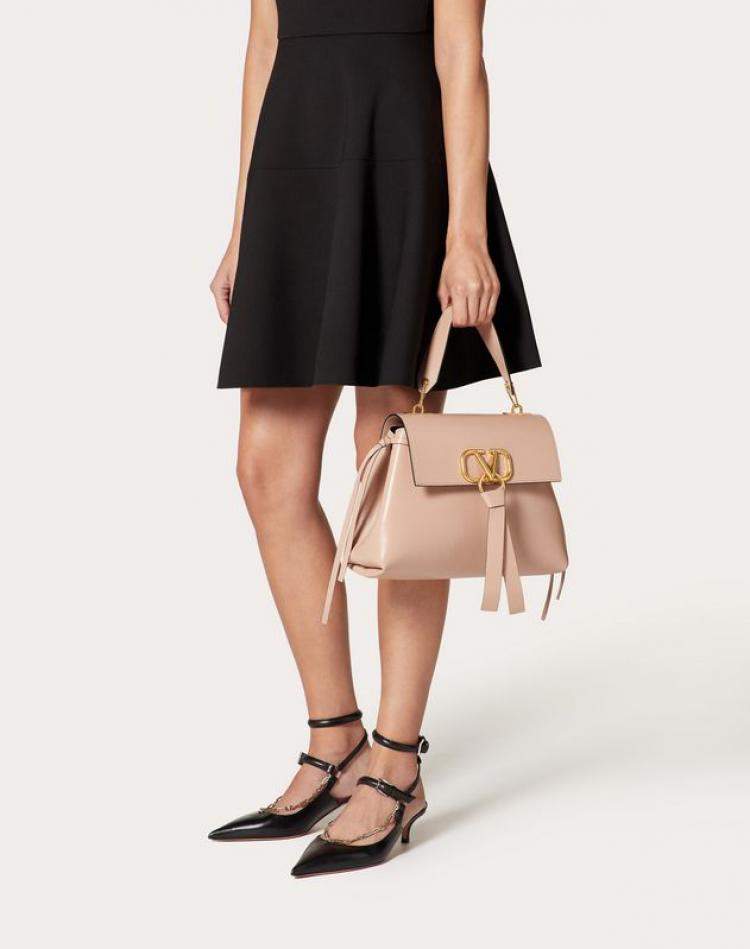 Pre Owned Valentino Rose Canelle Leather Small VRING Top Handle Bag