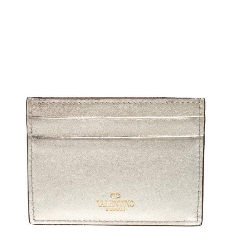 Pre Owned Valentino Gold Leather Rockstud Card Holder