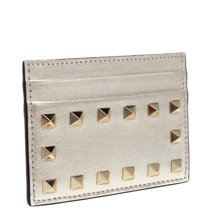 Pre Owned Valentino Gold Leather Rockstud Card Holder
