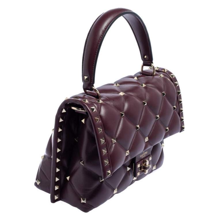 Pre Owned Valentino Burgundy Quilted Leather Medium Candystud Top Handle Bag