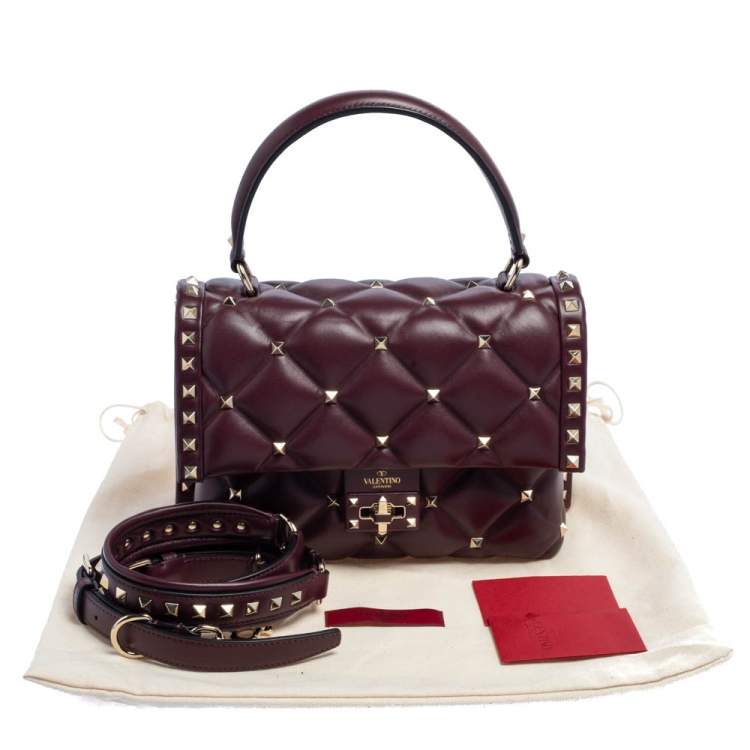Pre Owned Valentino Burgundy Quilted Leather Medium Candystud Top Handle Bag