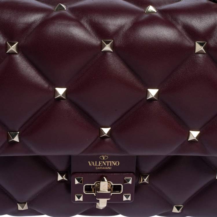 Pre Owned Valentino Burgundy Quilted Leather Medium Candystud Top Handle Bag