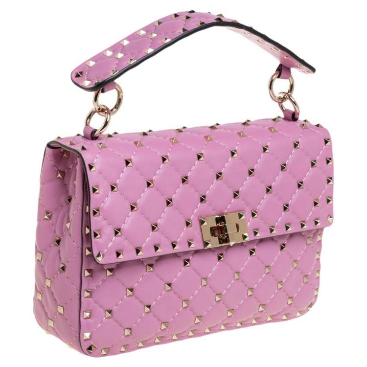 Pre Owned Valentino Pink Leather Medium Rockstud Spike Top Handle Bag