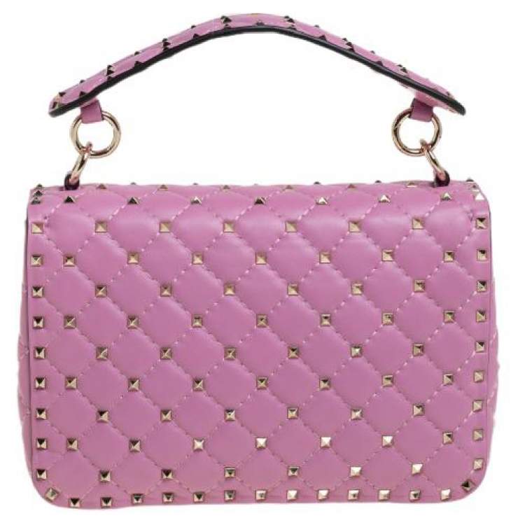 Pre Owned Valentino Pink Leather Medium Rockstud Spike Top Handle Bag