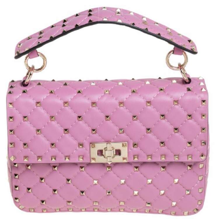 Pre Owned Valentino Pink Leather Medium Rockstud Spike Top Handle Bag