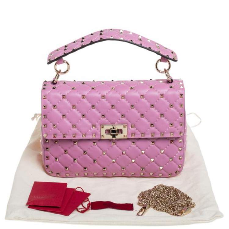 Pre Owned Valentino Pink Leather Medium Rockstud Spike Top Handle Bag