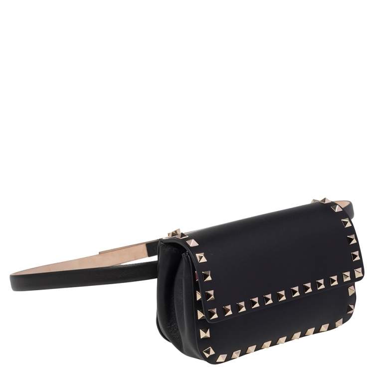 Pre Owned Valentino Black Leather Rockstud Flap Belt Bag