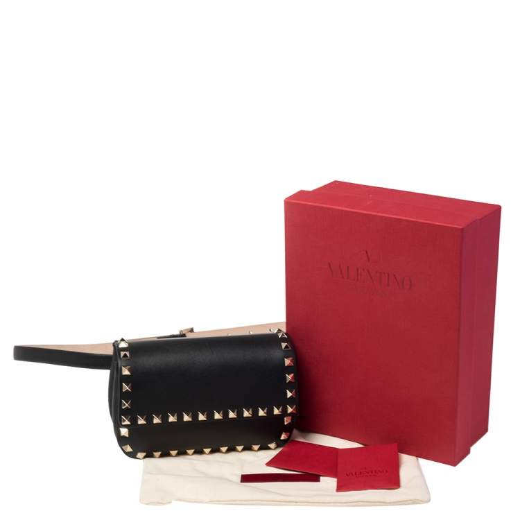 Pre Owned Valentino Black Leather Rockstud Flap Belt Bag