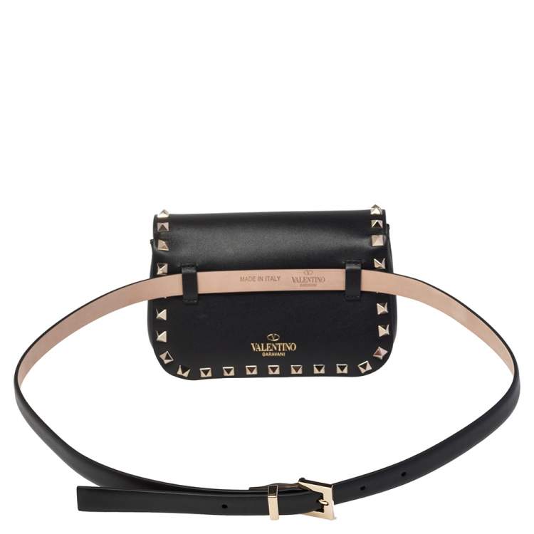 Pre Owned Valentino Black Leather Rockstud Flap Belt Bag