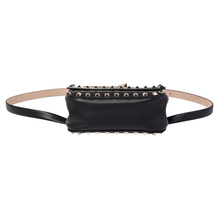Pre Owned Valentino Black Leather Rockstud Flap Belt Bag