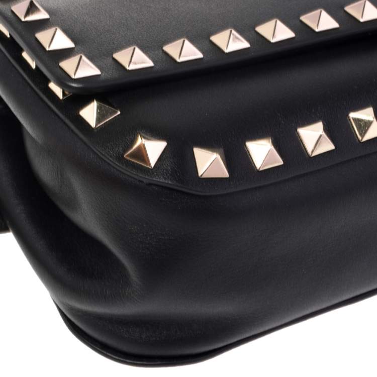 Pre Owned Valentino Black Leather Rockstud Flap Belt Bag