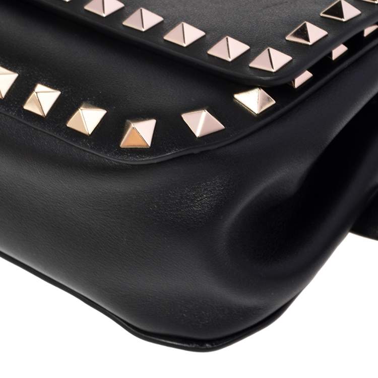 Pre Owned Valentino Black Leather Rockstud Flap Belt Bag