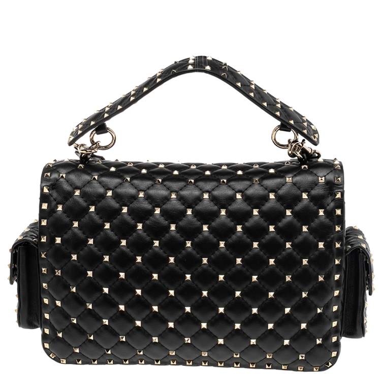 Pre Owned Valentino Black Quilted Leather Large Rockstud Spike Top Handle Bag