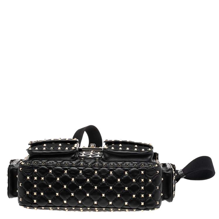 Pre Owned Valentino Black Quilted Leather Large Rockstud Spike Top Handle Bag