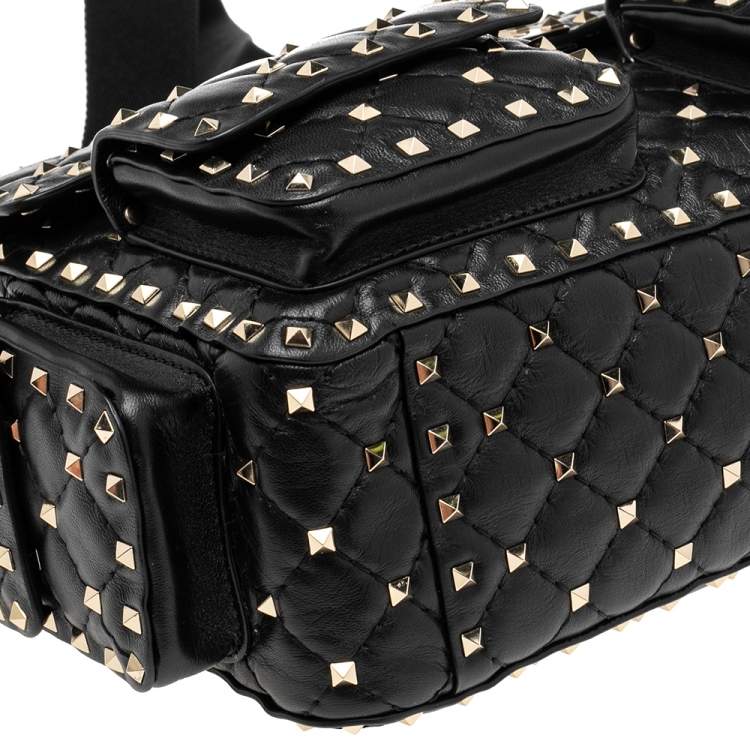 Pre Owned Valentino Black Quilted Leather Large Rockstud Spike Top Handle Bag