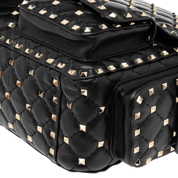 Pre Owned Valentino Black Quilted Leather Large Rockstud Spike Top Handle Bag