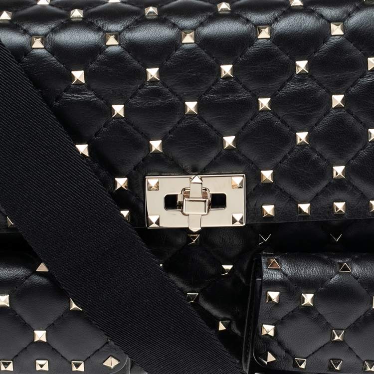 Pre Owned Valentino Black Quilted Leather Large Rockstud Spike Top Handle Bag