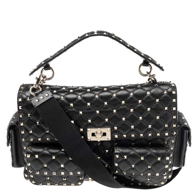 Pre Owned Valentino Black Quilted Leather Large Rockstud Spike Top Handle Bag