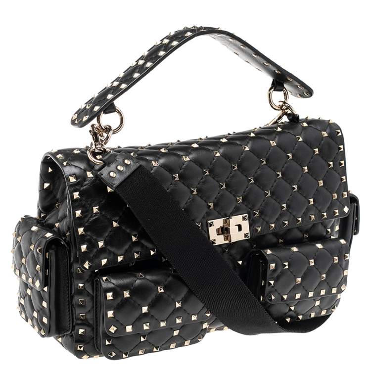 Pre Owned Valentino Black Quilted Leather Large Rockstud Spike Top Handle Bag