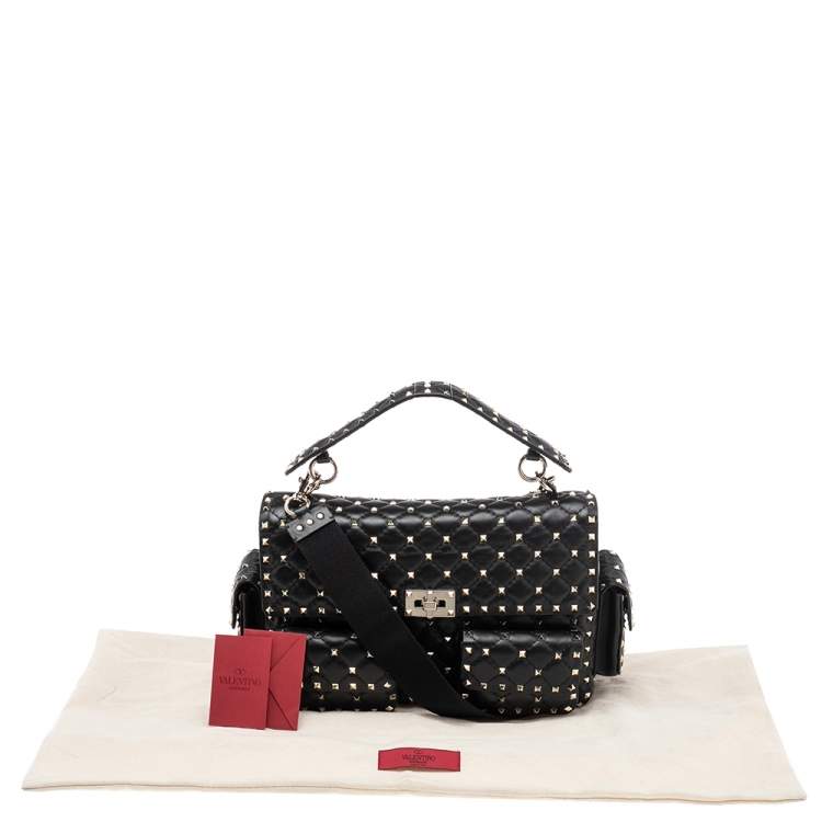 Pre Owned Valentino Black Quilted Leather Large Rockstud Spike Top Handle Bag