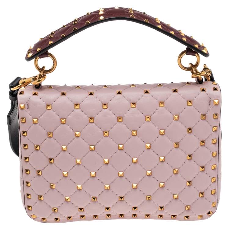 Pre Owned Valentino Pink Quilted Leather Medium Rockstud Spike Top Handle Bag