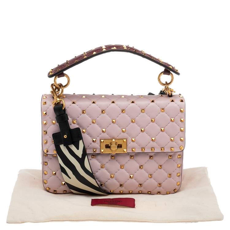 Pre Owned Valentino Pink Quilted Leather Medium Rockstud Spike Top Handle Bag