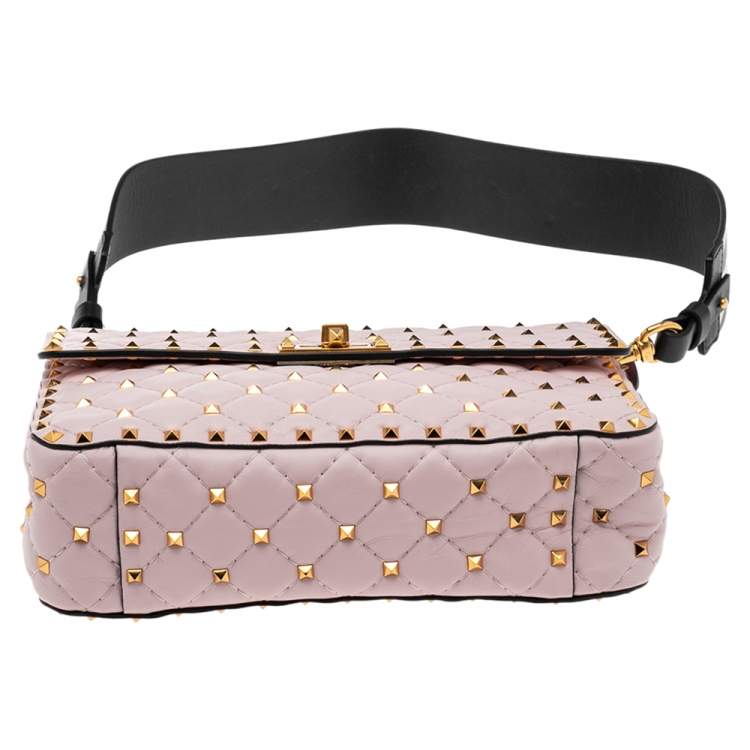 Pre Owned Valentino Pink Quilted Leather Medium Rockstud Spike Top Handle Bag