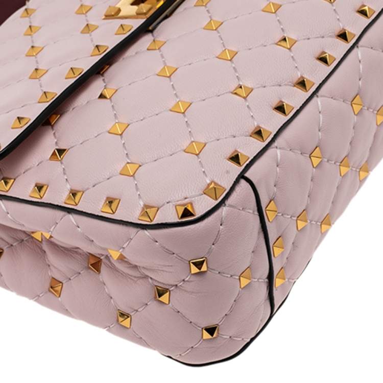 Pre Owned Valentino Pink Quilted Leather Medium Rockstud Spike Top Handle Bag