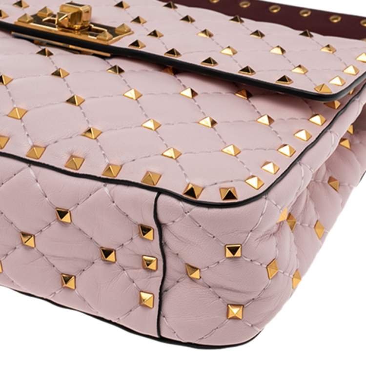 Pre Owned Valentino Pink Quilted Leather Medium Rockstud Spike Top Handle Bag