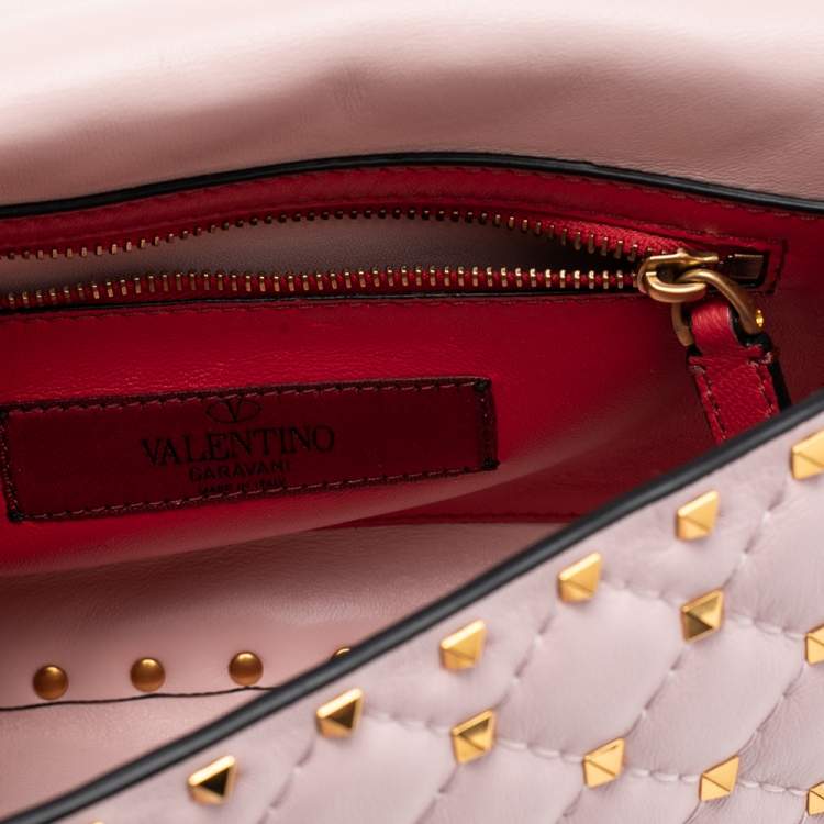 Pre Owned Valentino Pink Quilted Leather Medium Rockstud Spike Top Handle Bag