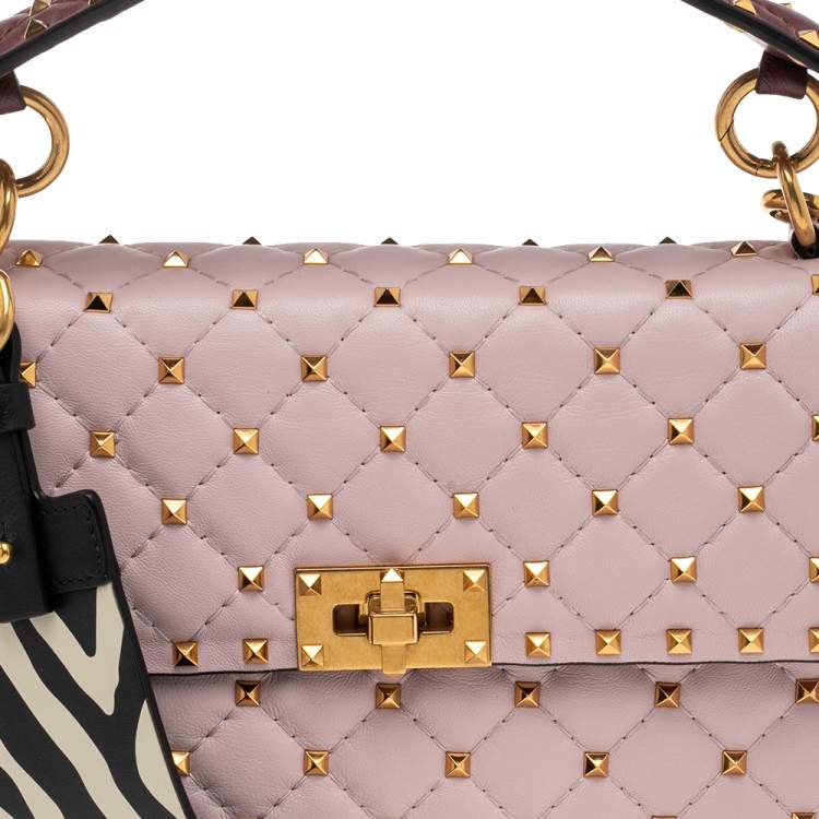 Pre Owned Valentino Pink Quilted Leather Medium Rockstud Spike Top Handle Bag