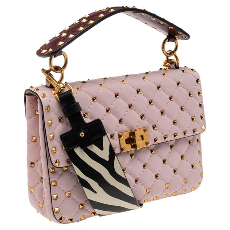Pre Owned Valentino Pink Quilted Leather Medium Rockstud Spike Top Handle Bag