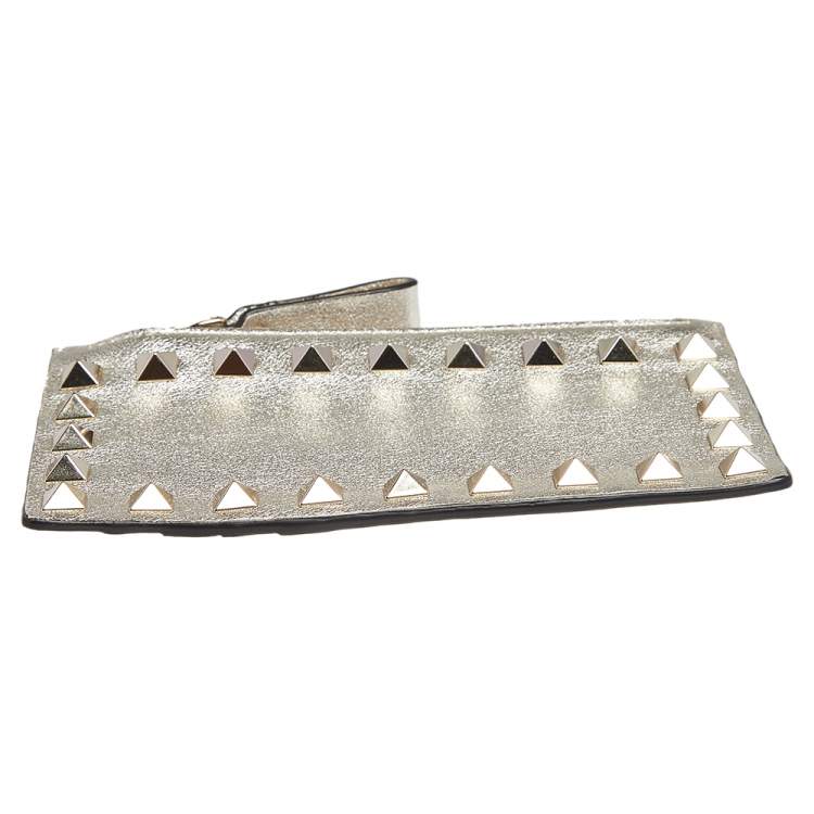 Pre Owned Valentino Light Gold Leather Rockstud Zip Card Holder 
